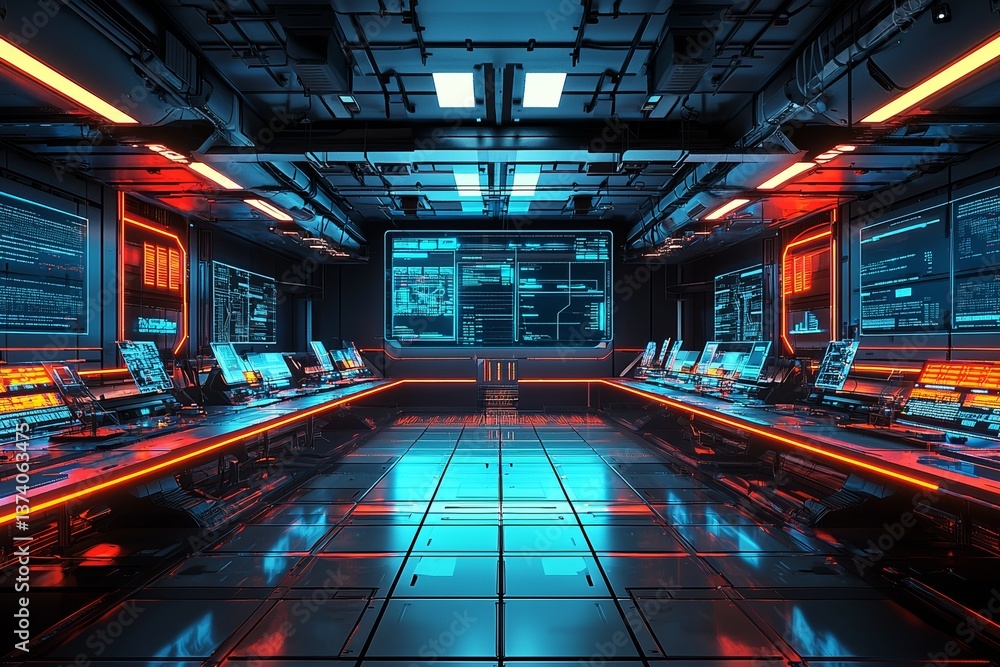 Poster a lab of the future features screens that glow as they show data and various pieces of equipment lai