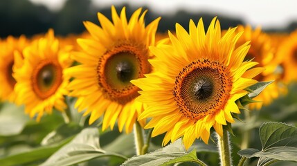 Fototapeta premium A vibrant sunflower field with golden blooms stretching across the horizon, creating a warm and inviting backdrop perfect for desktop wallpapers.
