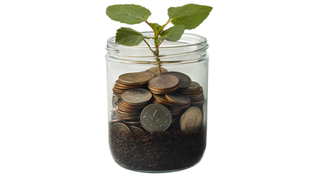 Glass jar filled with coins and a growing green plant symbolizing financial growth and investment