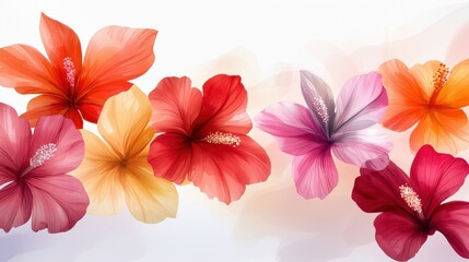 A whimsical watercolor composition of exotic tropical flowers, featuring bright reds, oranges, and pinks against a soft backdrop.