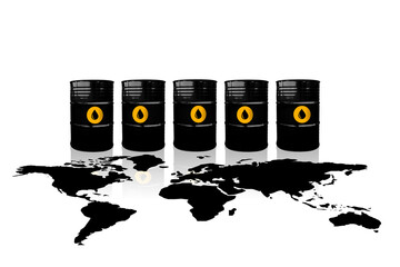 Crude oil barrels on a world map background with soft reflection. Crude oil prices