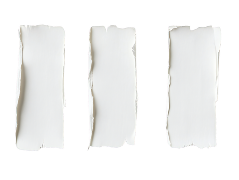 Four neatly torn strips of white paper on a clean transparent background