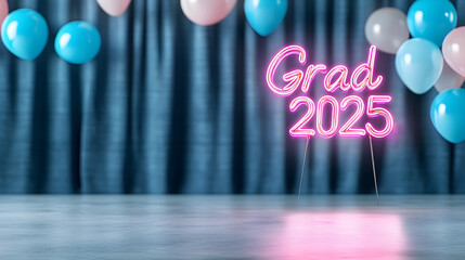 Graduation celebration setup with balloons and neon sign for 2025 event showcasing a festive atmosphere and joyful moments graduation celebration concept