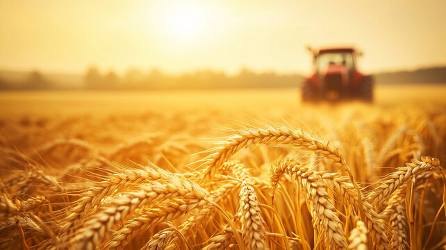 Close up shot on golden field of wheat heads with red tractor blurred in the background.