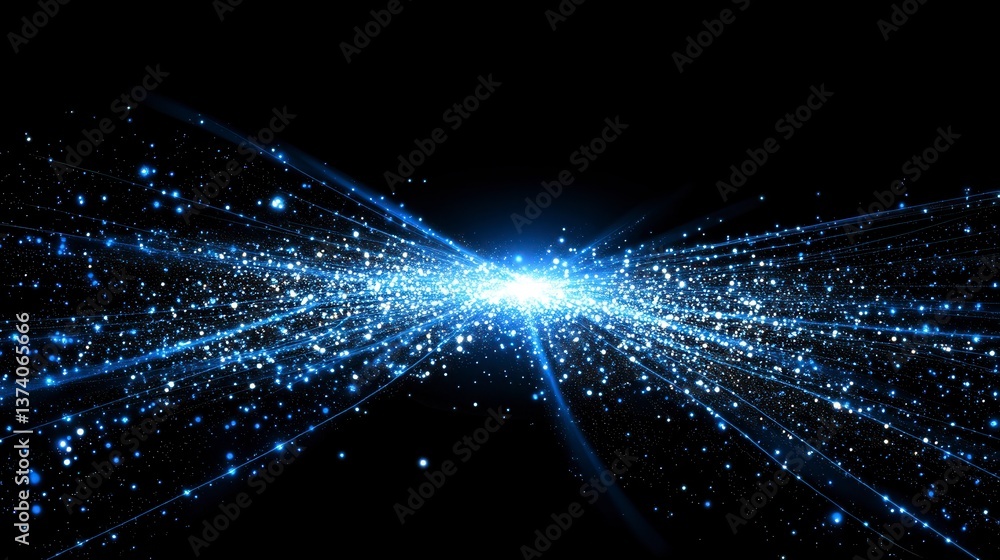 Aufkleber abstract image of blue and white particles radiating from a central light source on a black backgrou