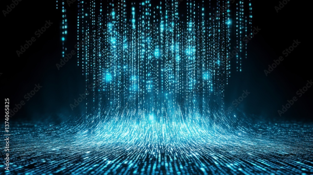 Poster abstract digital data stream, glowing blue particles falling onto a dark surface, creating a futuris