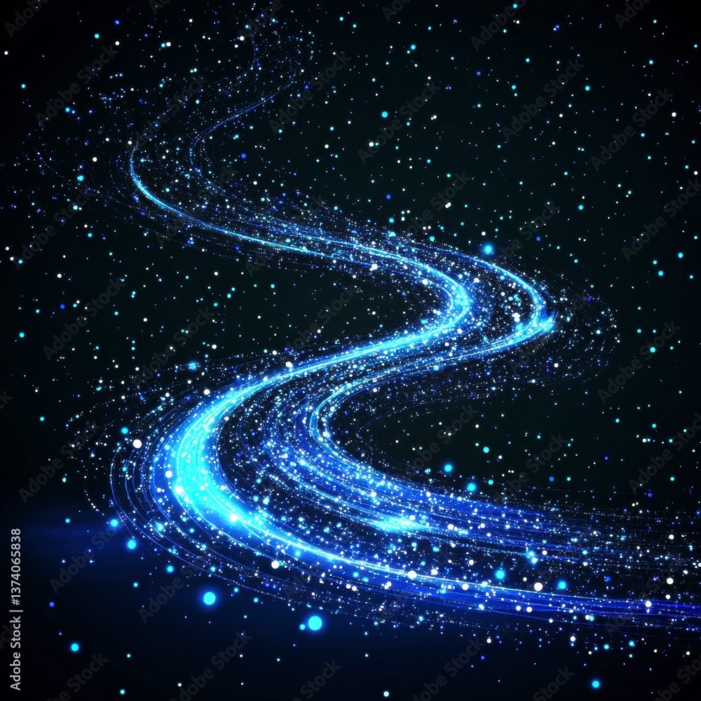 Poster abstract blue light trails on a dark background with sparkling particles. the light streaks form an 