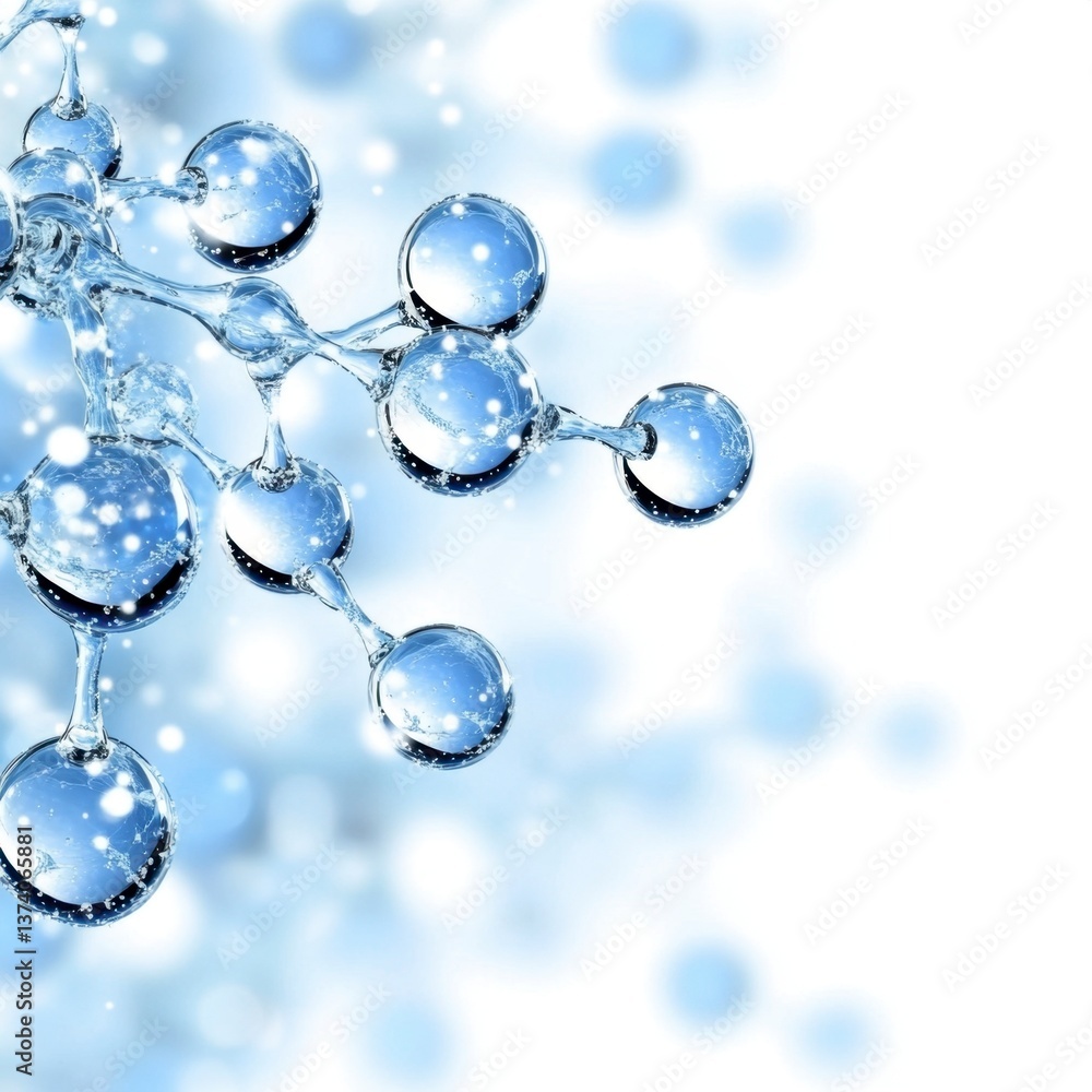 Poster abstract image of a molecule model with translucent blue spheres connected by thin lines against a b