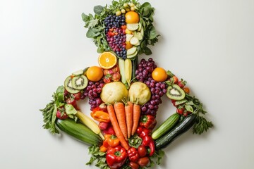 A full-body human figure creatively shaped from an assortment of fresh fruits and vegetables, isolated on a clean white background.