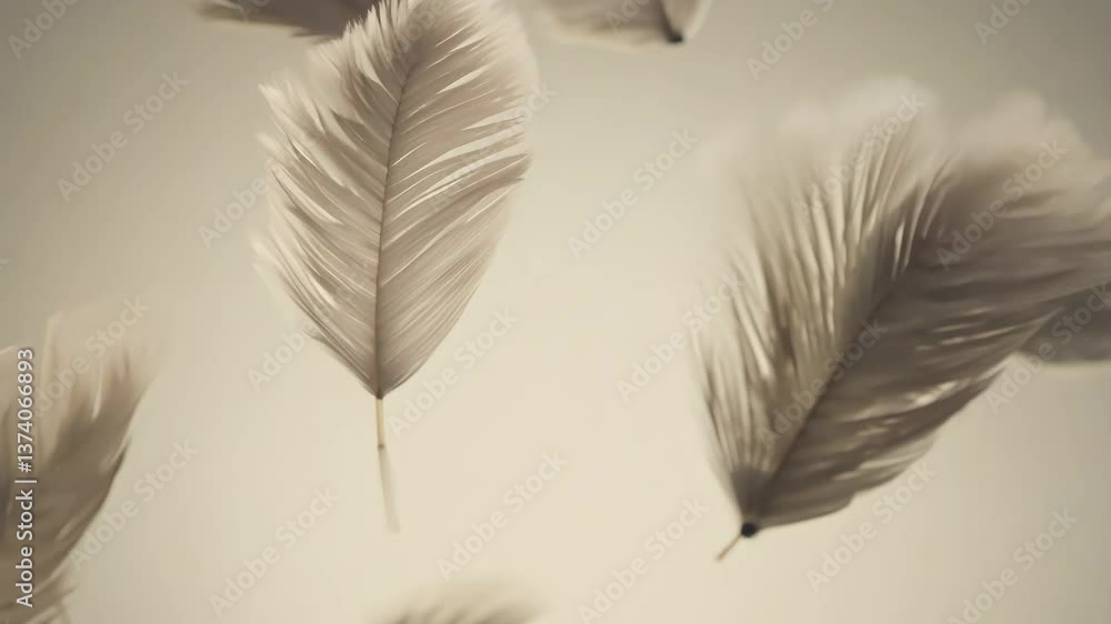 Poster a feather is shown in the air with a white background. the feather is in the middle of the image