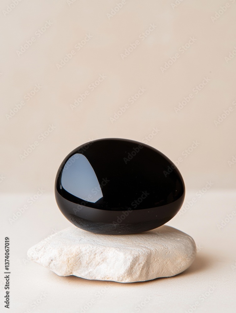 Poster black oval-shaped object sitting on top of a white rock. the object appears to be made of a smooth, 