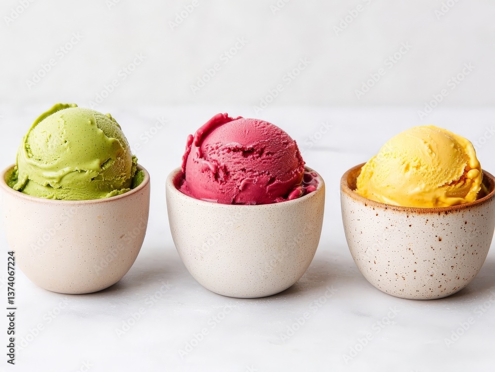 Poster five flavor scoop ice cream set arranged in white ceramic bowls with color gradient across each serv