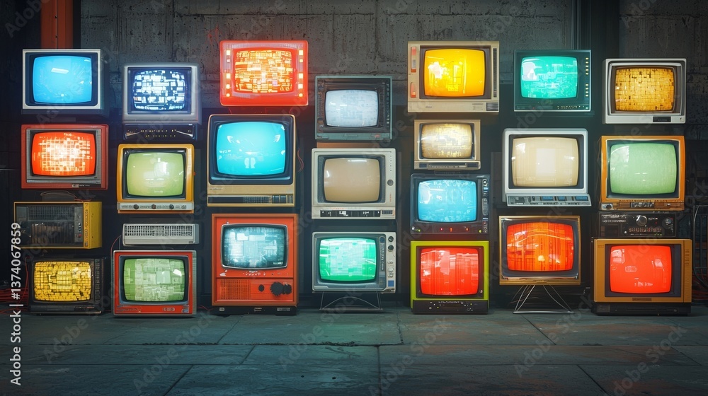 Poster a futuristic matrix effect is created through an array of digital screens with vibrant colors, offer