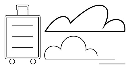 Rolling suitcase beside bold cloud outlines symbolizing travel, vacation, exploration, business trips, leisure, adventure, journey, and minimalistic style. Ideal for travel themes flat simple