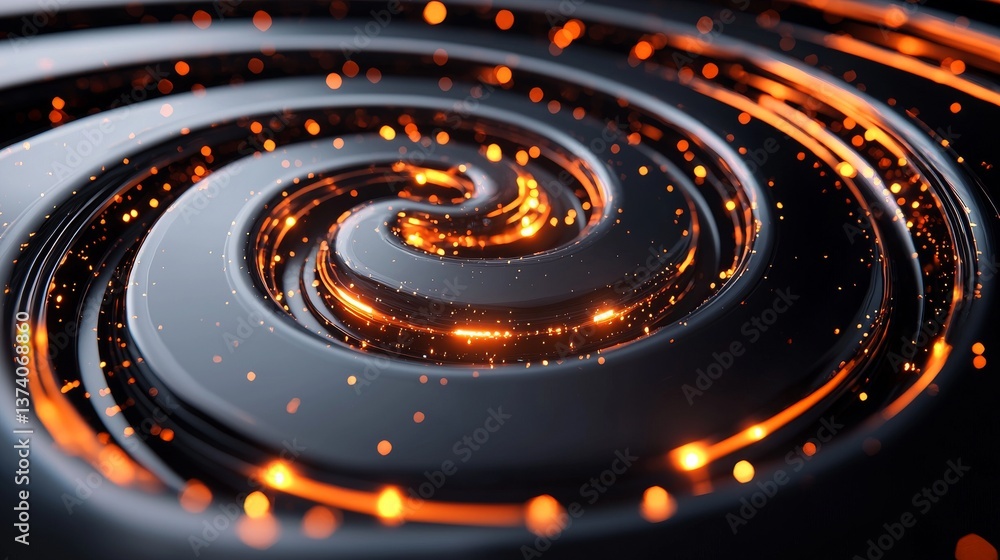 Poster a futuristic abstract spiral featuring glowing elements and dynamic textures, presented as a 3d rend