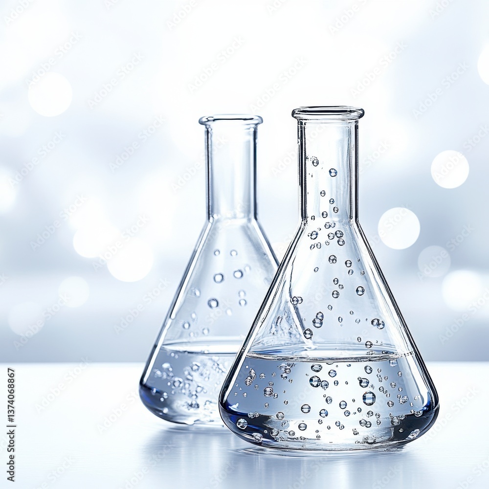 Poster two clear glass erlenmeyer flasks containing a clear liquid with visible bubbles sit on a bright whi