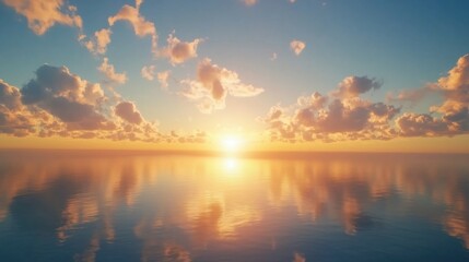 Fototapeta premium The tranquility of a sunrise is mirrored in the calm water below, with gentle clouds painting the sky in soothing shades of blue and orange.