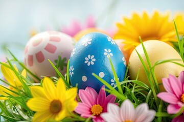 Colorful Easter eggs in various designs are surrounded by bright flowers and lush green grass, capturing the essence of springtime festivities and joyful celebrations