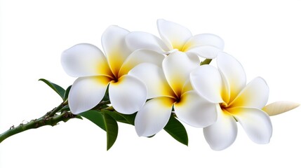 Close up of three white flowers with yellow centers, delicate green leaves, and a brown stem against a plain white background.