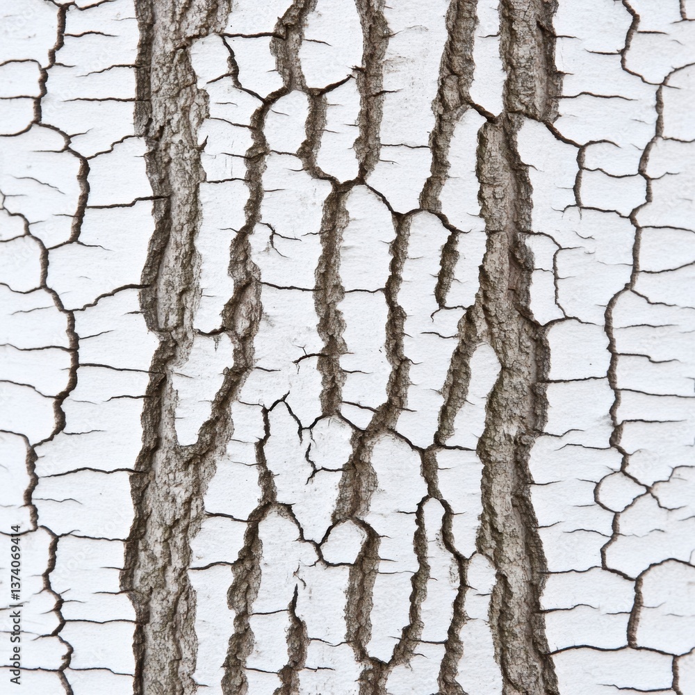 Poster close up view of tree bark with white paint peeling to reveal dark brown wood underneath. the textur