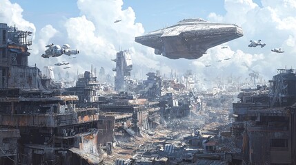 Naklejka premium The return of cyborg masters is illustrated in a 3D science fiction scene, where humanoid robots stand among the rubble of a war-torn futuristic city, beneath a giant space ship in the sky