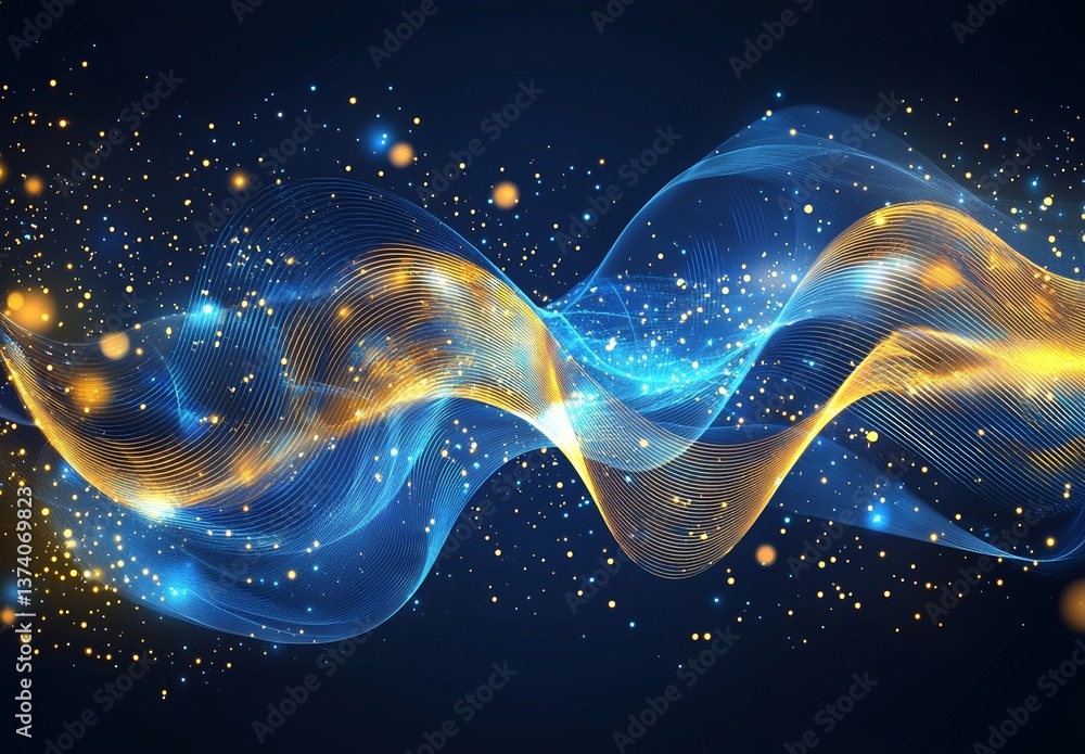 Poster the background features blue futuristic digital tech with artificial particles and network waves in 