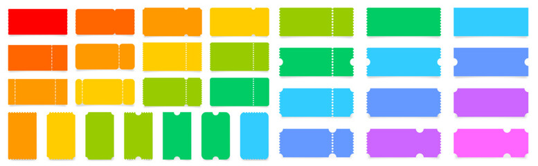 Set of multicolored ticket mockups with ruffle edges and shadows. Empty template. Concert, movie or theater ticket. Boarding blank, lottery, sale coupon. Rainbow palette
