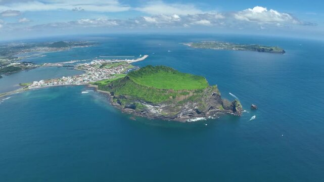 Jeju Seongsan Ilchulbong Tuff Cone aerial view of the island of crete