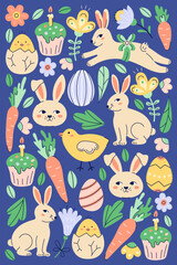 Happy Easter vertical poster with bunny and different elements. Greeting hand drawn card on dark background. Flat illustration with partial outline. Isolated vector illustration.