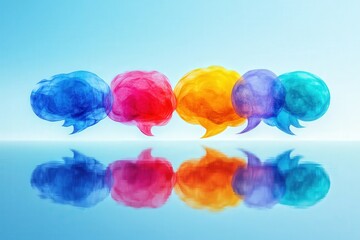 Vibrant speech bubbles in blue, red, yellow, and purple hues reflect over a serene water surface.