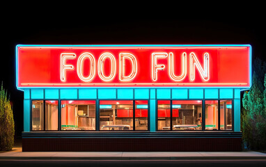 vibrant neon sign illuminates classic diner, showcasing words FOOD FUN against colorful backdrop, creating lively atmosphere
