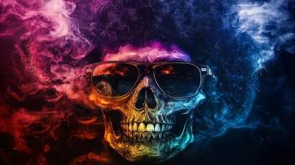 A colorful digital artwork depicts a skull donning sunglasses, surrounded by swirling neon-colored smoke, evoking a psychedelic atmosphere