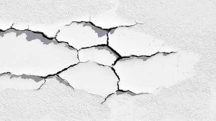 Obraz premium Close up view of cracked white paint on a textured wall, showing irregular shapes and shadows. The cracks create a pattern of fragmented surfaces.
