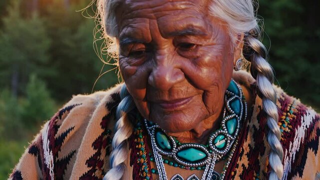 Portrait of an elderly Native American woman with long gray hair, traditional Cherokee attire, turquoise necklace, and serene expression. Indigenous heritage heritage