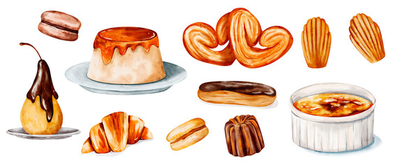 French Dessert Collection: Watercolor Illustrations of Poire Belle Hélène, Macaron, Flan, Croissant, Éclair, Crème Brûlée, Canelé, Madeleine, and More