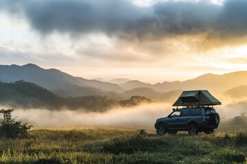 Fototapeta premium A compact SUV with a rooftop tent at sunrise, mist rolling over a mountainous landscape