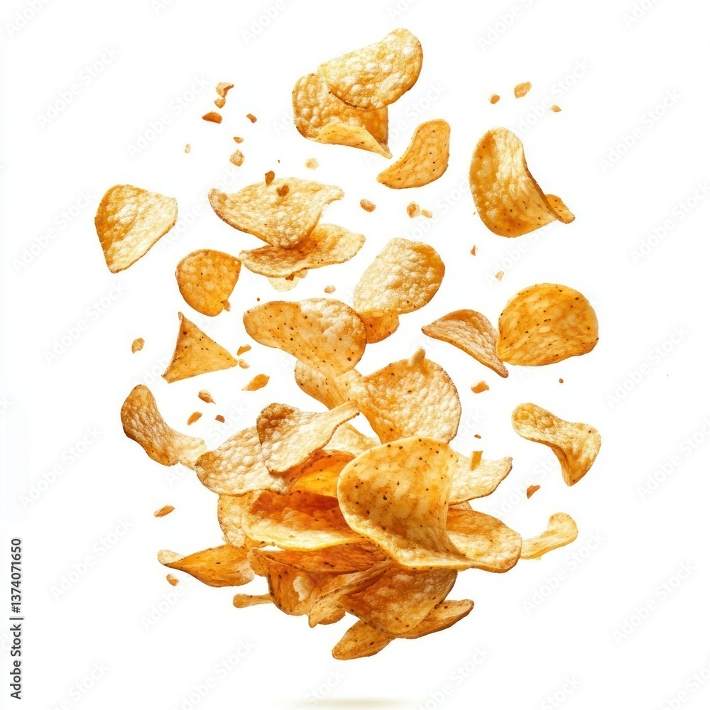 Poster exploding potato chips background floating isolated.