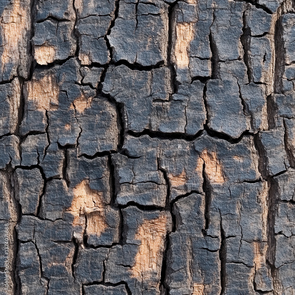 Poster close up detailed texture of dark gray and black bark with deep cracks and fissures, showing variati