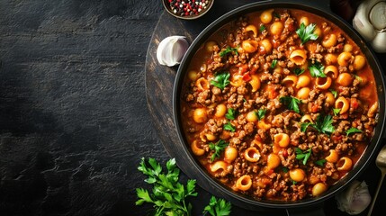 Rich, savory goulash featuring tender beef, melted cheese, and shell pasta is served hot, ideal for showcasing comfort food with room for branding.