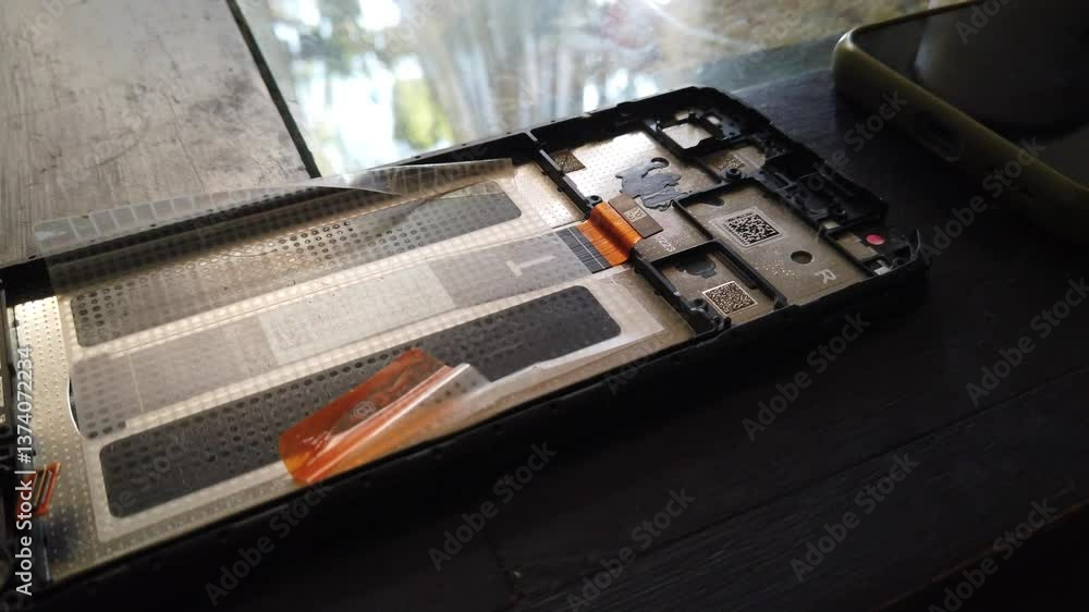 Poster closeup hand held view of smartphone opened, microchip details of broken phone fixing process