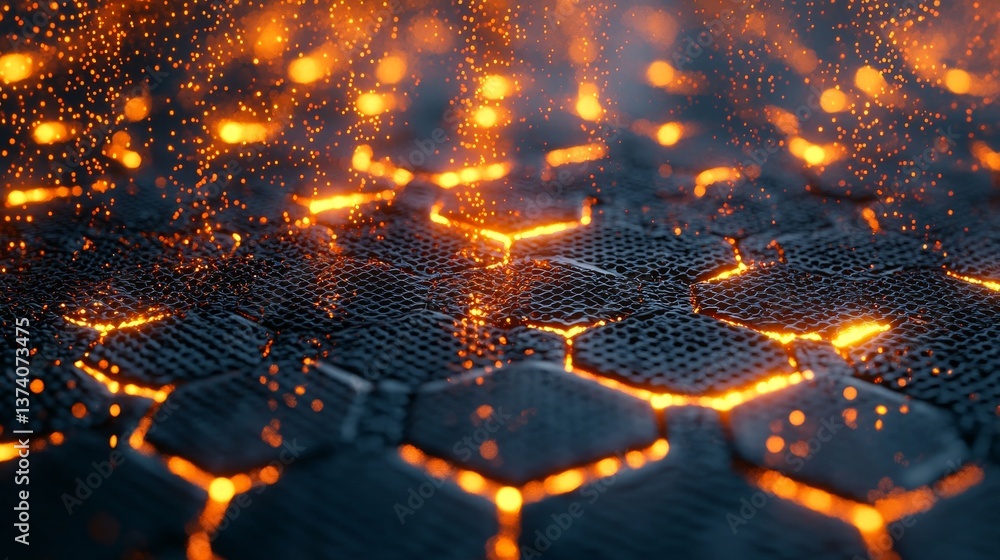 Poster a modern and abstract digital design, comprising glowing hexagons arranged in a futuristic pattern, 