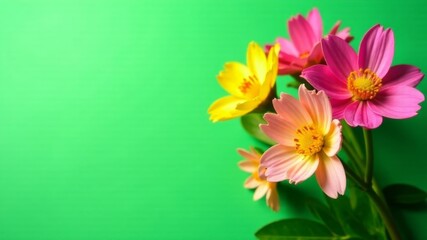 Fototapeta premium Close-up of vibrant pink and yellow flowers on green background.