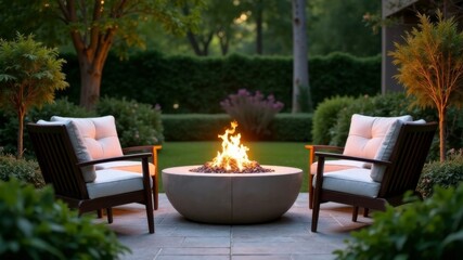 a fire pit with chairs in the yard of a house