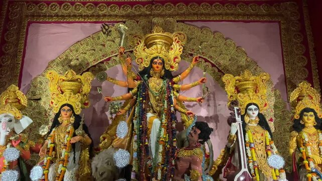 View of Maa Durga Pratima at a pandal in Kolkata