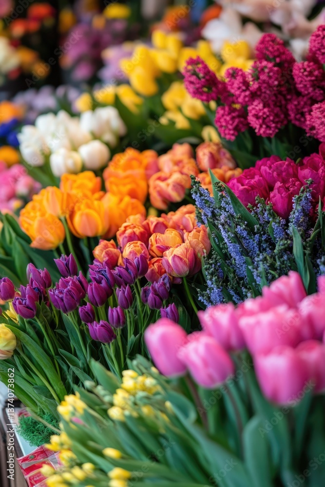 Poster a lively assortment displaying an array of blossoming spring blooms in vivid hues.