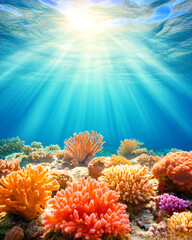 Gentle waves crashing Vibrant underwater scene featuring colorful coral reefs illuminated by sunlight, showcasing the beauty of marine life.