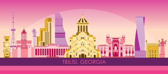 Obraz premium Sunset Skyline panorama of city of Tbilisi, Georgia - vector illustration