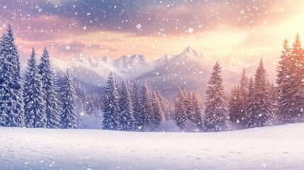 A breathtaking winter landscape featuring a vast, untouched snow-covered field. Snowflakes gently fall from the sky, creating a peaceful and magical atmosphere. 