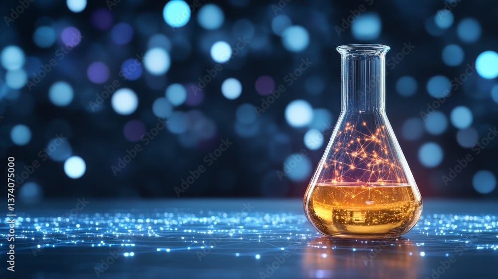 Poster glowing amber liquid in an erlenmeyer flask sits on a dark surface with a bokeh background of blue a
