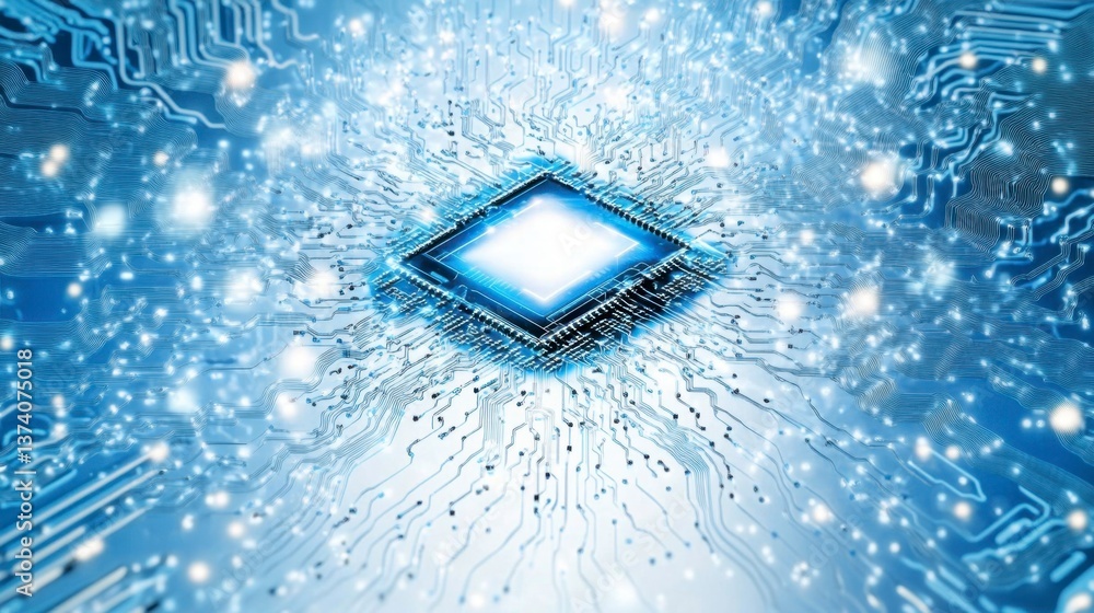 Poster close up view of a glowing central processing unit (cpu) on a circuit board, with a blue and white c
